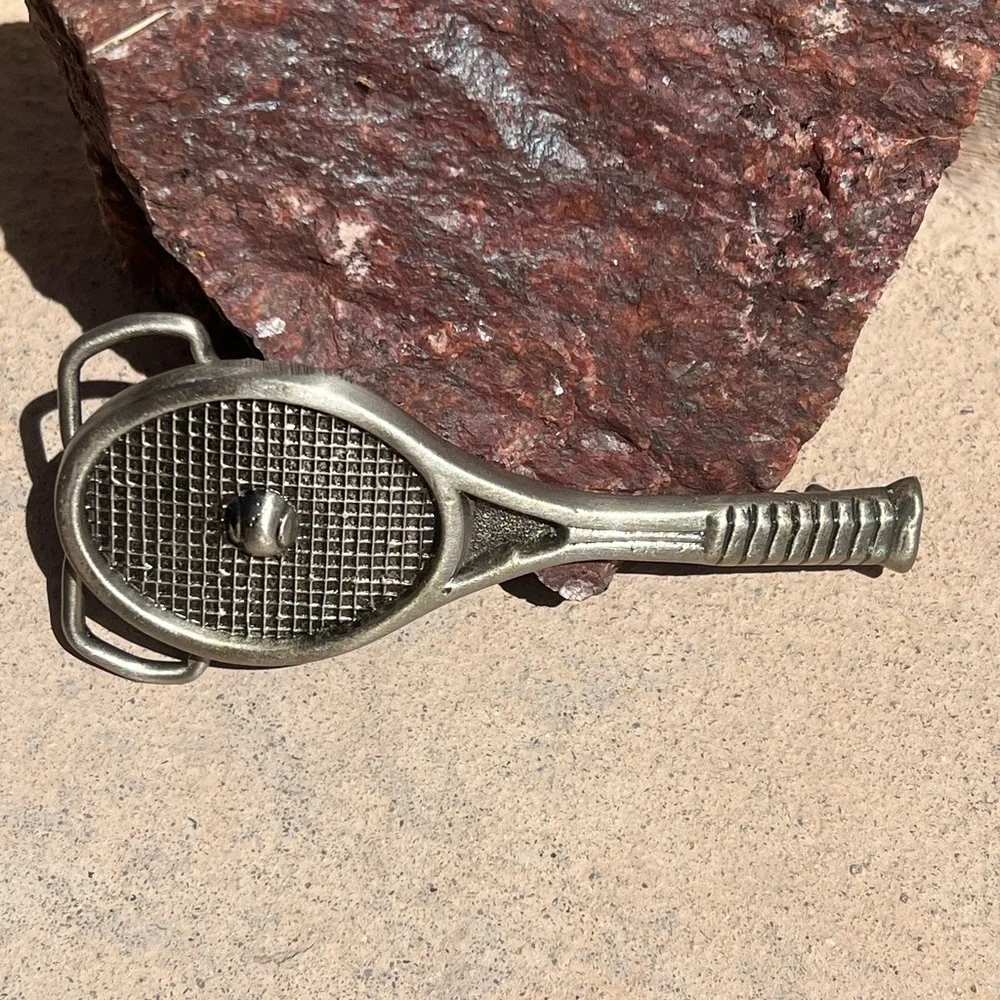Tennis Racket with Ball Belt Buckle in silver tone